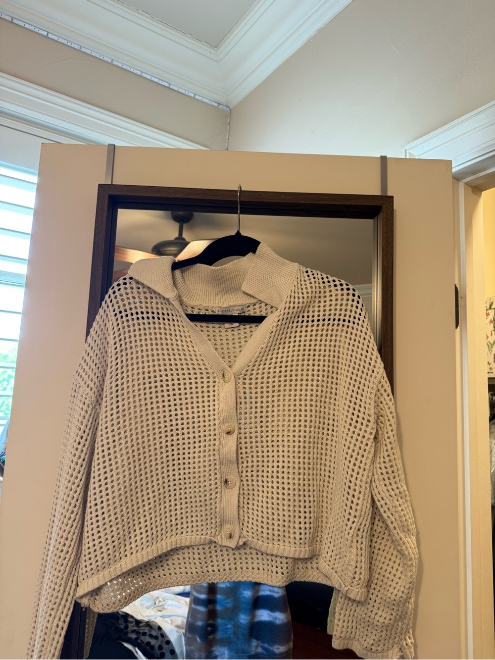Cream Open-Weave Button Front Knit Cardigan